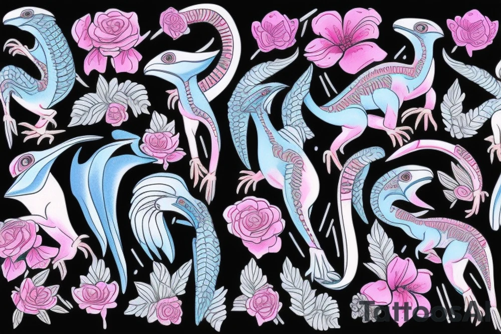 Blue Velocirraptor with pink flowers tattoo idea