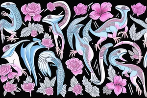Blue Velocirraptor with pink flowers tattoo idea