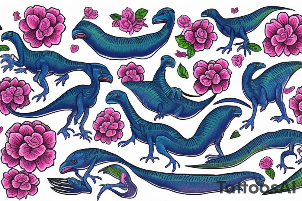 Blue Velocirraptor with pink flowers tattoo idea