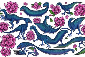 Blue Velocirraptor with pink flowers tattoo idea