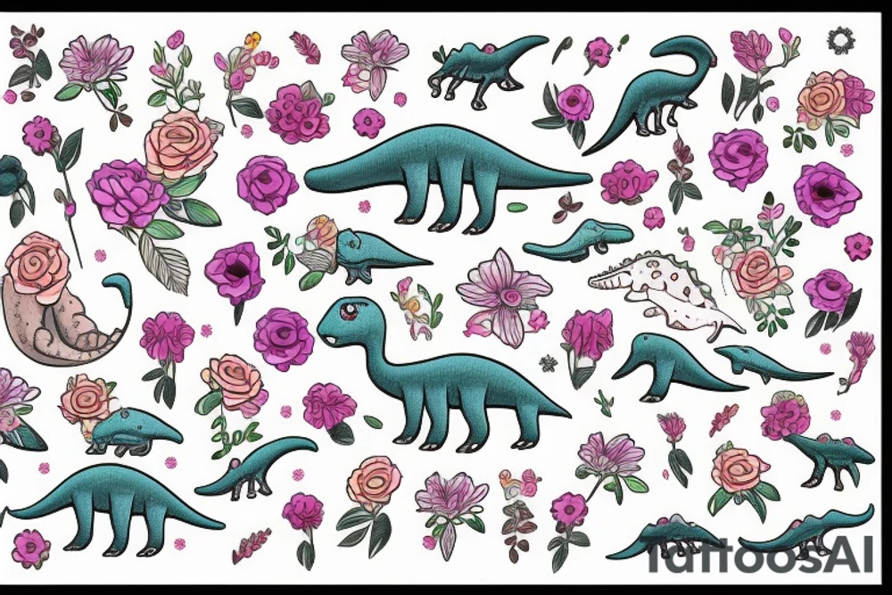 Feminine Dinosaur with flowers tattoo idea