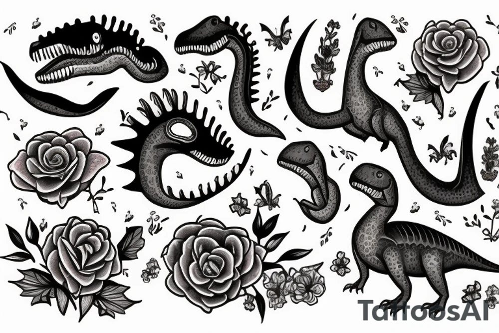 Feminine Dinosaur with flowers tattoo idea