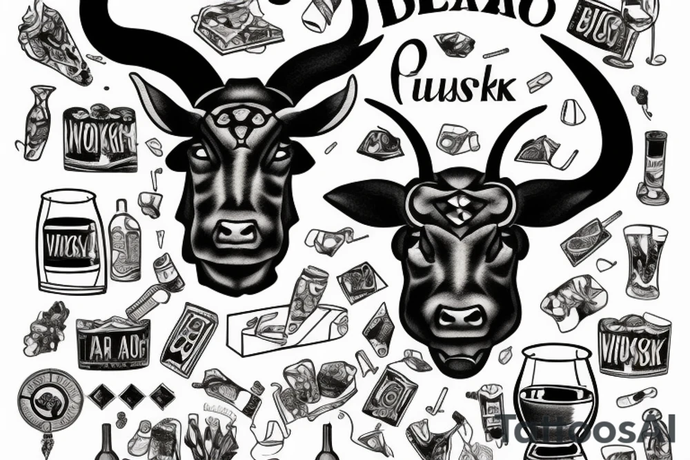 a taurus that drinks a glass of whiskey tattoo idea