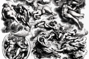 lightning strike, gods, storm, icarus, michaelangelo style, anger tattoo idea