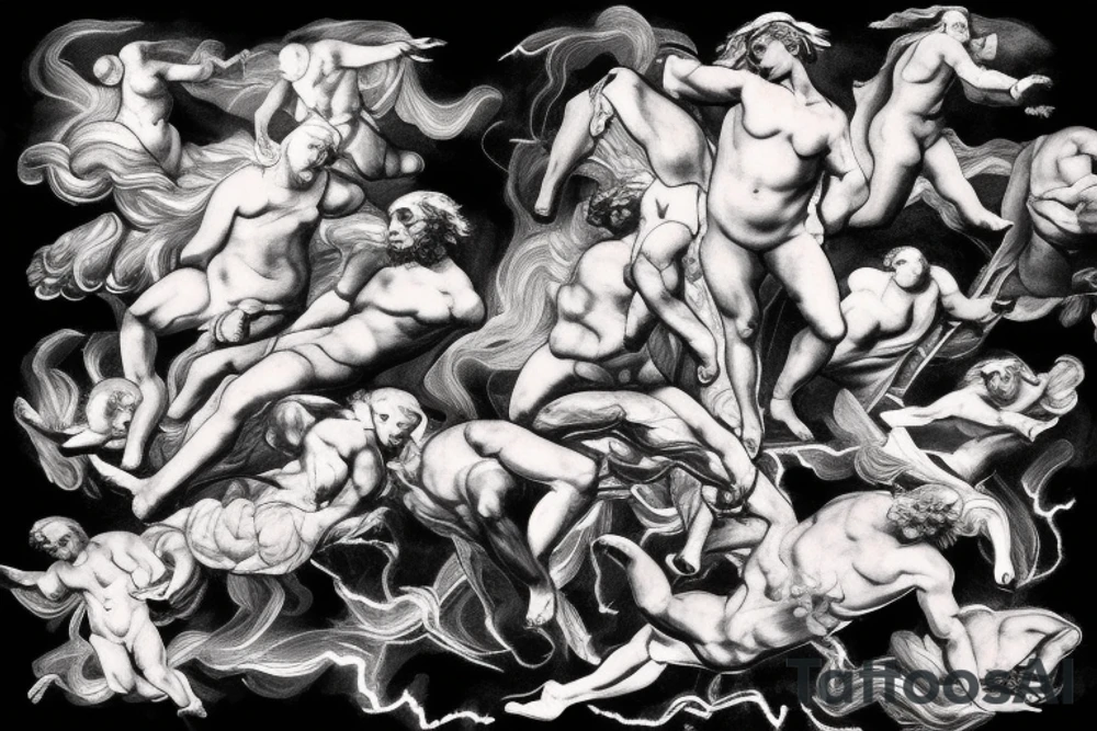 lightning strike, gods, storm, icarus, michaelangelo style, anger tattoo idea