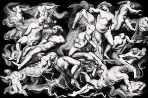 lightning strike, gods, storm, icarus, michaelangelo style, anger tattoo idea