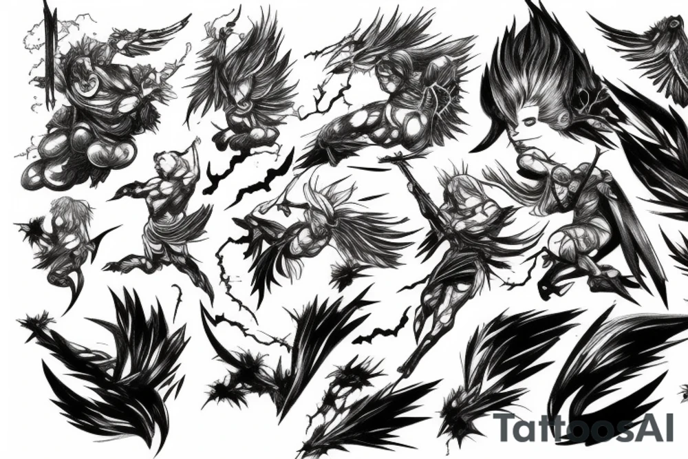 lightning strike, gods, storm, icarus, manga style, anger tattoo idea