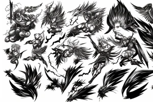 lightning strike, gods, storm, icarus, manga style, anger tattoo idea