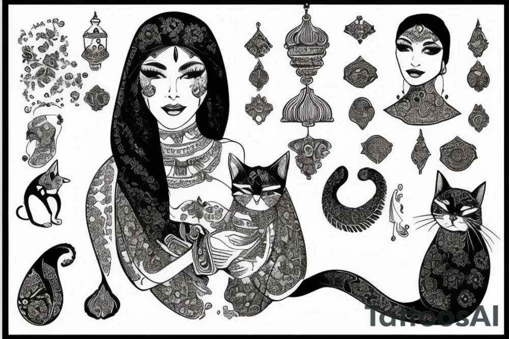Ancient Persian woman holding cat tattoo idea
