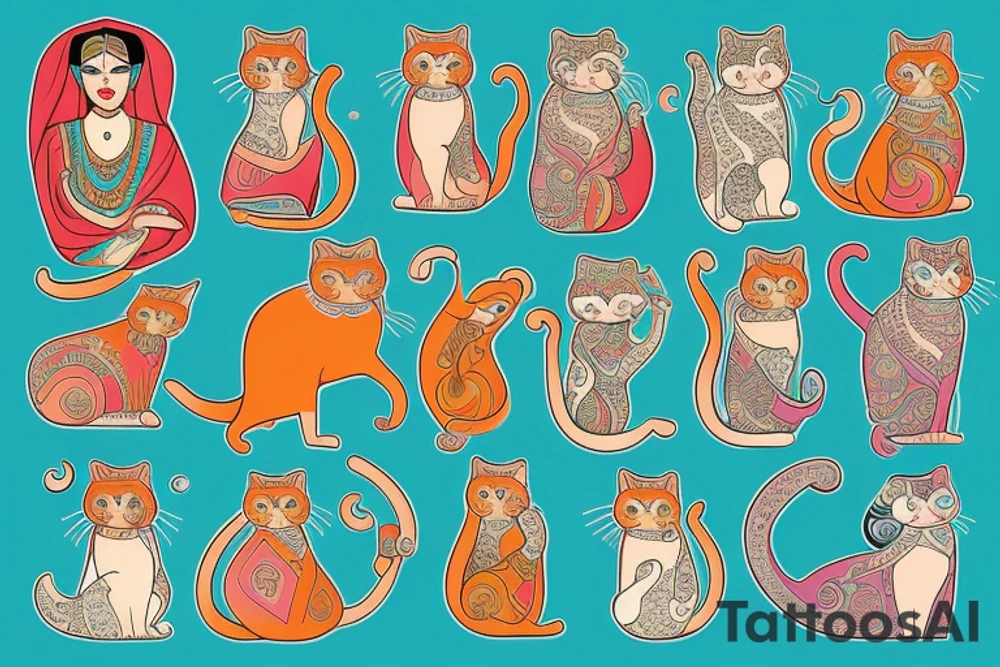Ancient persian woman holding cat tattoo idea