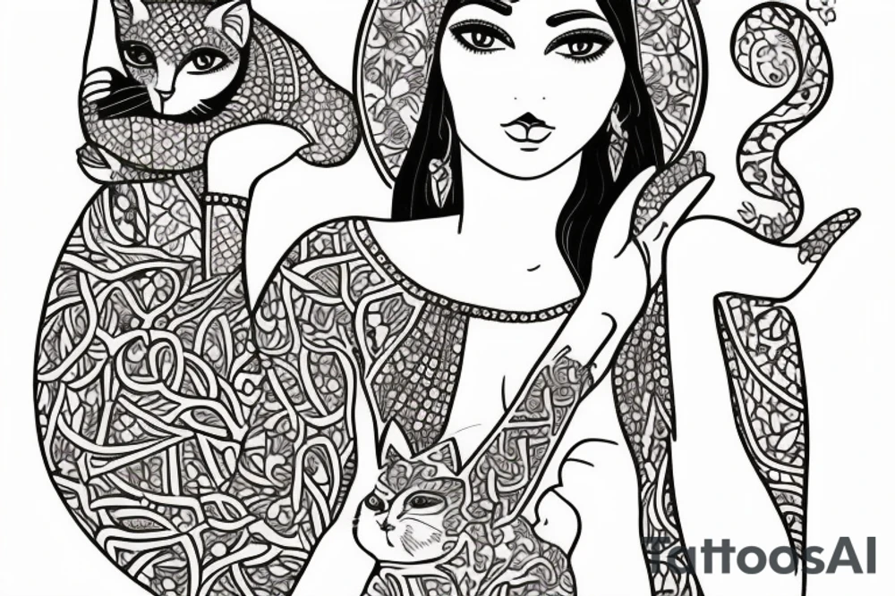 Ancient persian woman holding cat tattoo idea
