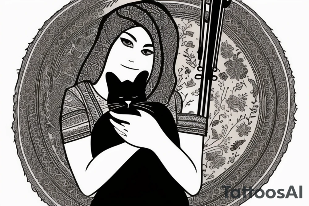 Ancient persian woman holding a cat like an instrument tattoo idea