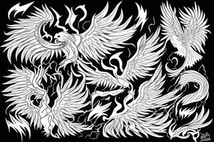 phoenix on fire, made of lightning, dotwork tattoo idea