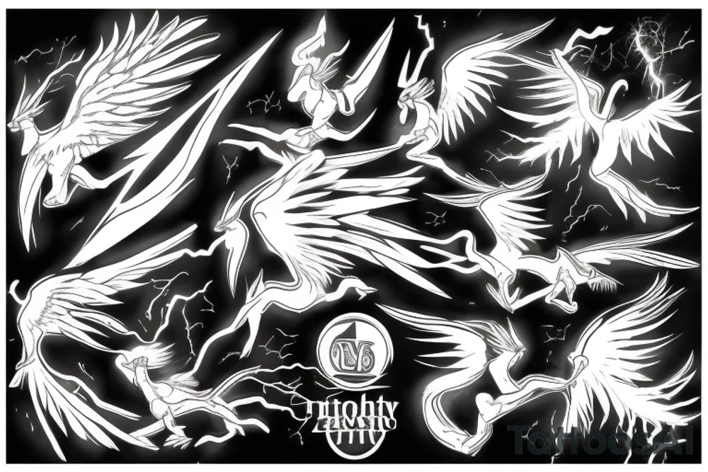 phoenix, lightning strike storm, fighting pharoah, detailed tattoo idea