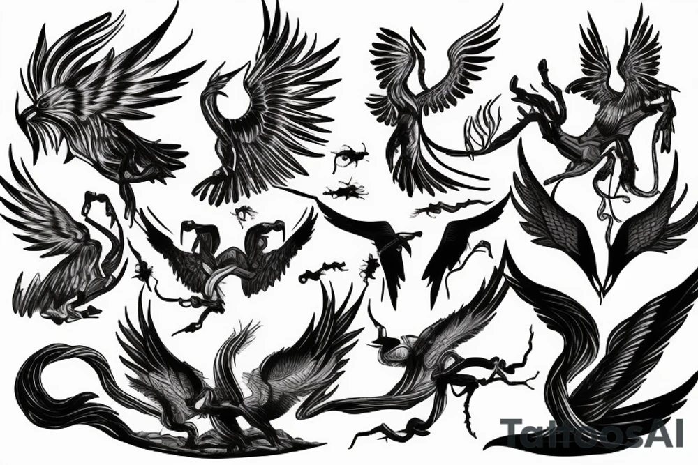 phoenix, lightning strike storm, fighting pharoah, detailed tattoo idea