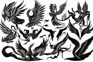phoenix, lightning strike storm, fighting pharoah, detailed tattoo idea