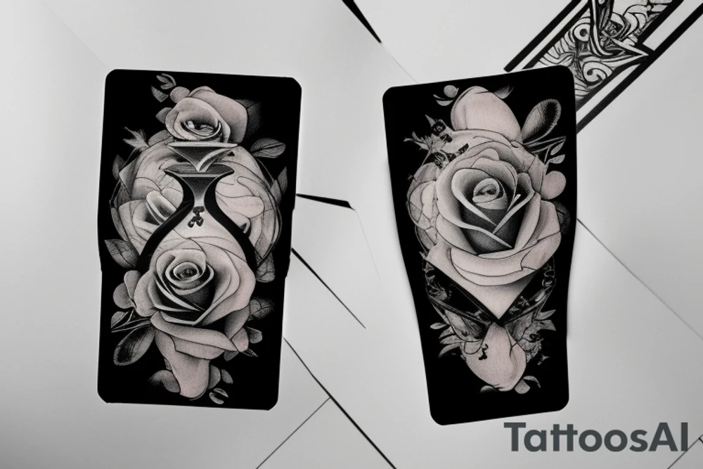 Rose, burning playing card and a hourglass sleeve tattoo idea