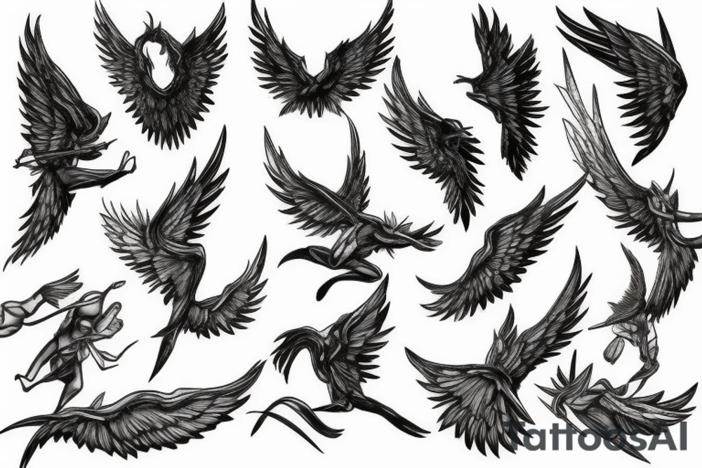 lightning, winged angel, realism, detailed, minimal tattoo idea