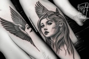 lightning, winged angel, realism, detailed, minimal tattoo idea