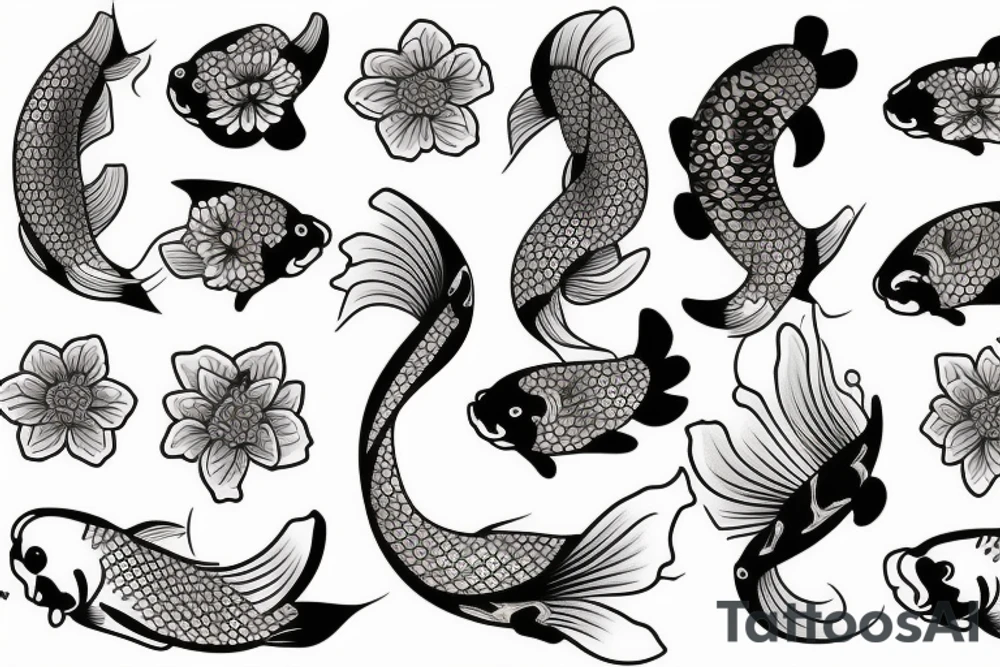 A koi fish with waves and flowers tattoo idea