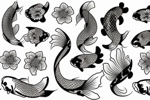 A koi fish with waves and flowers tattoo idea