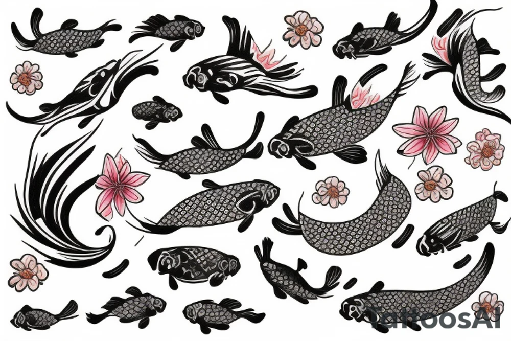 A koi fish with waves and flowers tattoo idea