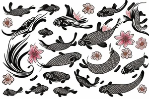 A koi fish with waves and flowers tattoo idea