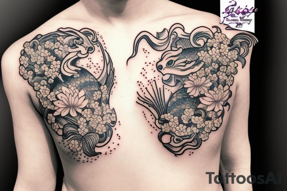 A koi fish with waves and flowers tattoo idea
