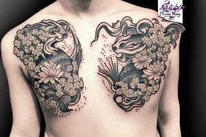 A koi fish with waves and flowers tattoo idea