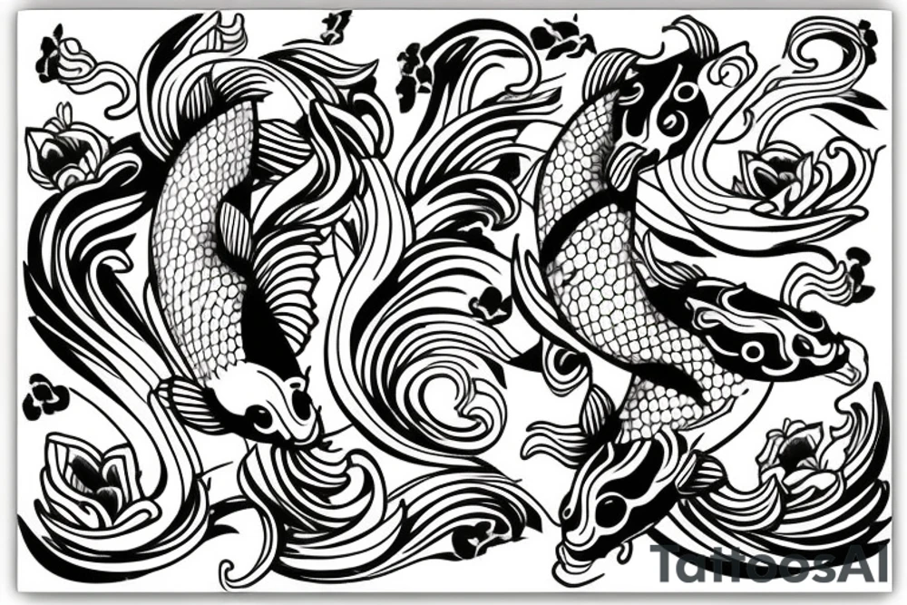 A koi fish with waves and flowers tattoo idea