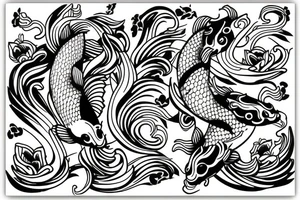 A koi fish with waves and flowers tattoo idea