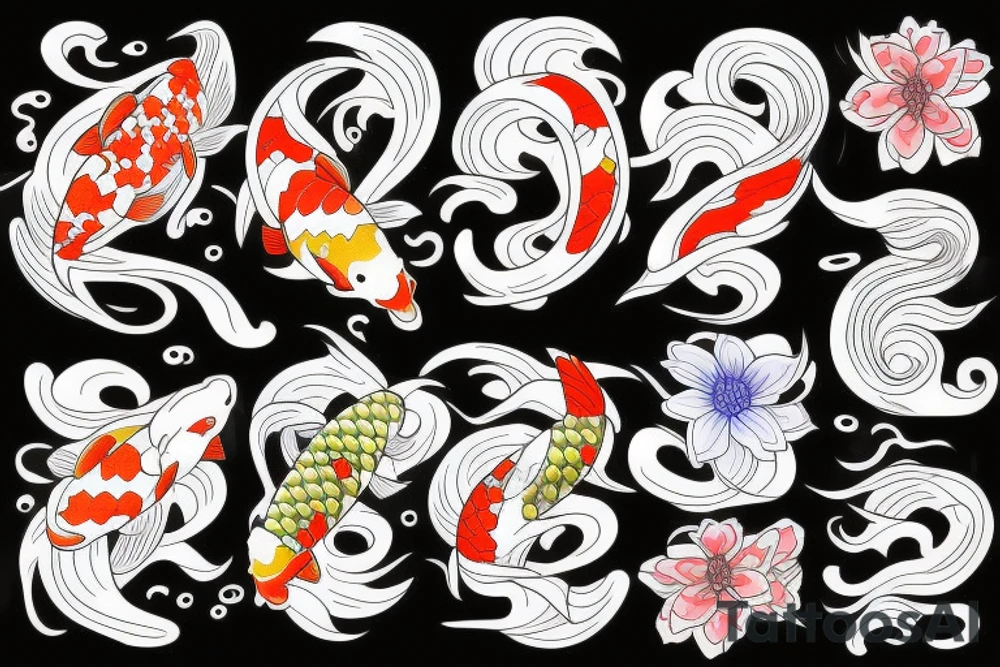 A koi fish with waves and flowers tattoo idea