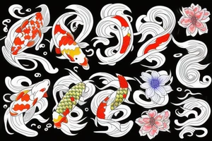 A koi fish with waves and flowers tattoo idea
