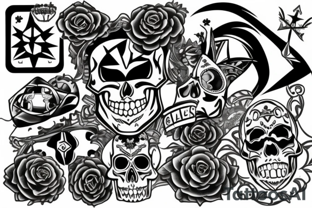 Skull with a jacks game piece tattoo idea