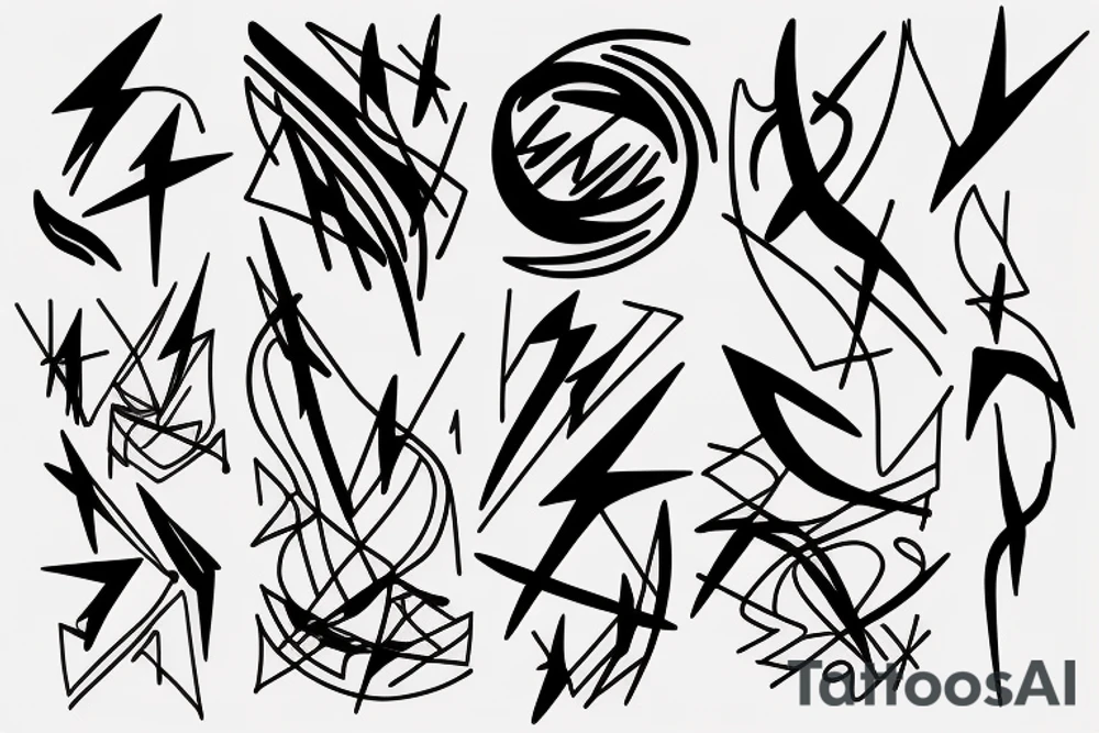 lightning, minimal, thin lines, detail, abstract random lines, icarus, Phoenician tribal tattoo idea