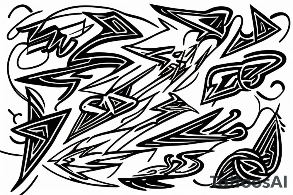 lightning, minimal, thin lines, detail, abstract random lines, icarus, Phoenician tribal tattoo idea