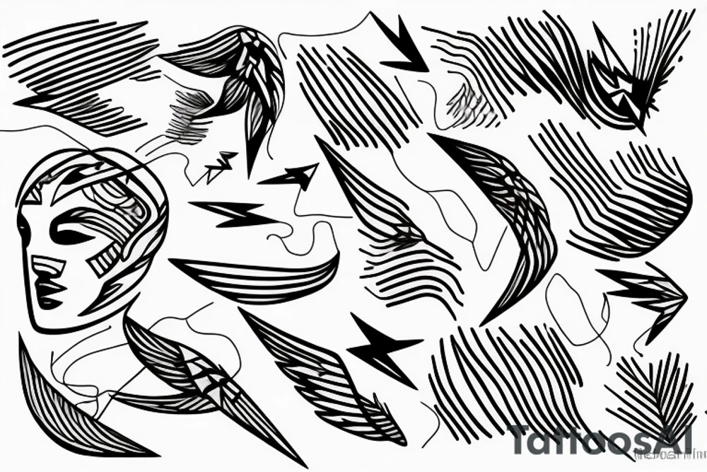lightning, minimal, thin lines, detail, abstract random lines, icarus, Phoenician tribal tattoo idea