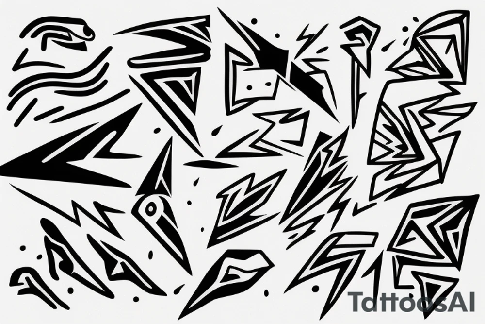 lightning, minimal, thin lines, detail, abstract random lines, icarus, Phoenician tribal tattoo idea