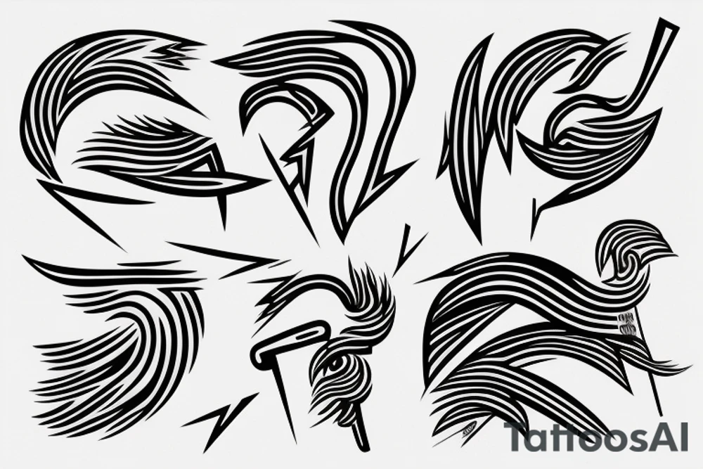 lightning, minimal, thin lines, detail, abstract random lines, icarus, Phoenician tribal tattoo idea