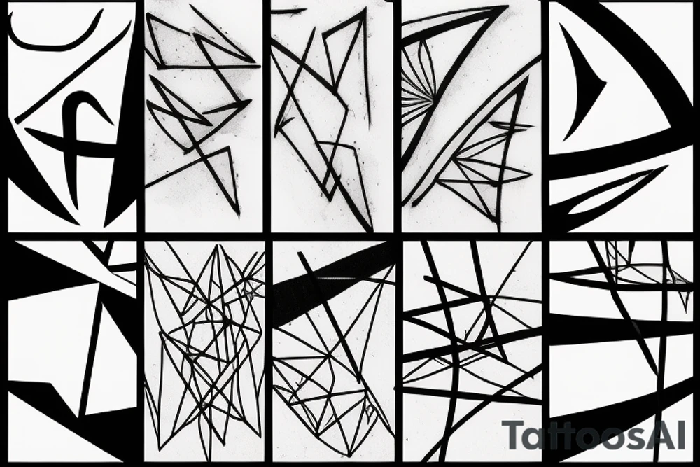 lightning, minimal, thin lines, detail, abstract random lines, icarus, Phoenician tribal tattoo idea