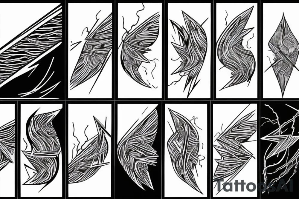 lightning, minimal, thin lines, detail, abstract random lines, icarus, Phoenician tribal tattoo idea