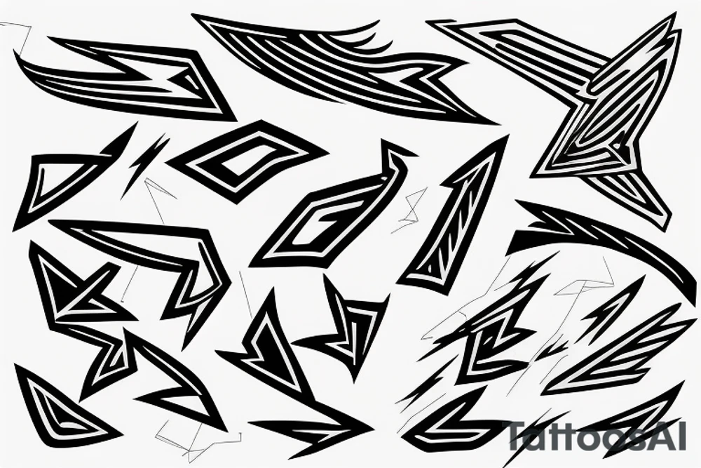 lightning, minimal, thin lines, detail, abstract random lines, icarus, Phoenician tribal tattoo idea