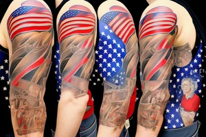 Left shoulder to mid-arm sleeve depicting mechanical fastening into a patriotic independence representation of god, family, country. tattoo idea