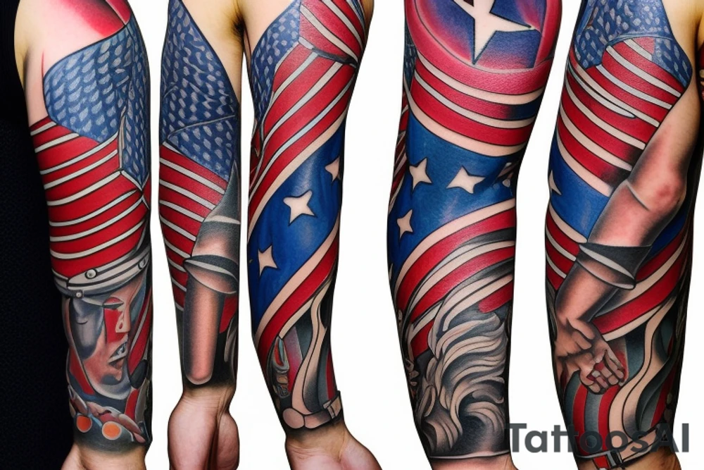Left shoulder to mid-arm sleeve depicting mechanical fastening into a patriotic independence representation of god, family, country. tattoo idea