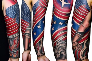 Left shoulder to mid-arm sleeve depicting mechanical fastening into a patriotic independence representation of god, family, country. tattoo idea