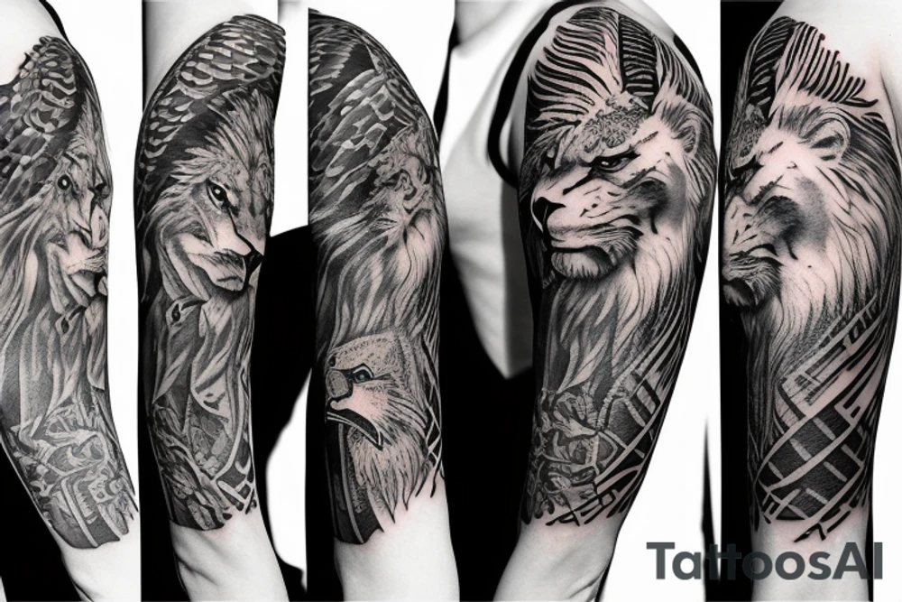 Left shoulder to mid-arm sleeve depicting bald Eagle, lion, and Christian cross tattoo idea