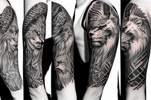 Left shoulder to mid-arm sleeve depicting bald Eagle, lion, and Christian cross tattoo idea