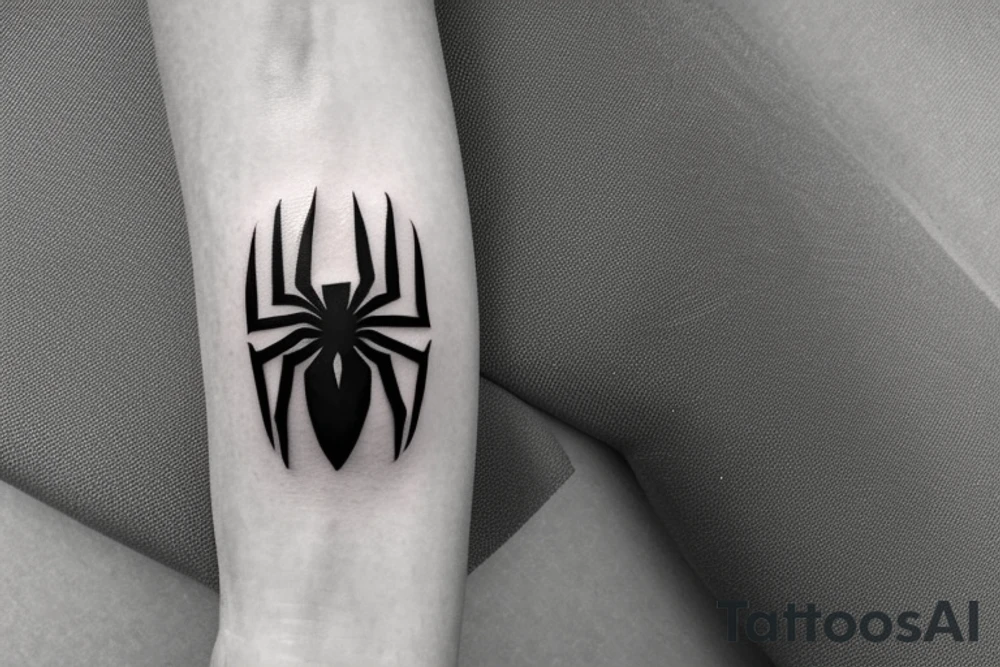 Small and minimalist tattoo of the Spiderman Symbol. A Spider which represents hope, resilience and protection tattoo idea