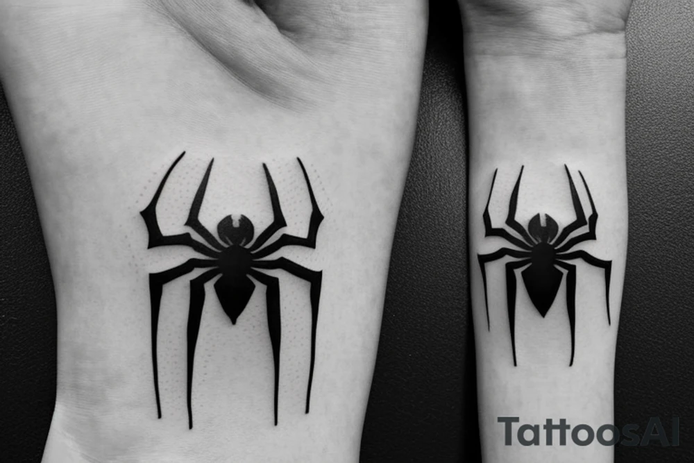 Small and minimalist tattoo of the Spiderman Symbol. A Spider, similar to the Spider of the Andrew Garfield's Spiderman, which represents hope, resilience and protection tattoo idea