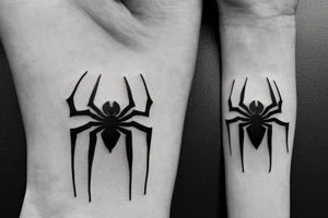 Small and minimalist tattoo of the Spiderman Symbol. A Spider, similar to the Spider of the Andrew Garfield's Spiderman, which represents hope, resilience and protection tattoo idea